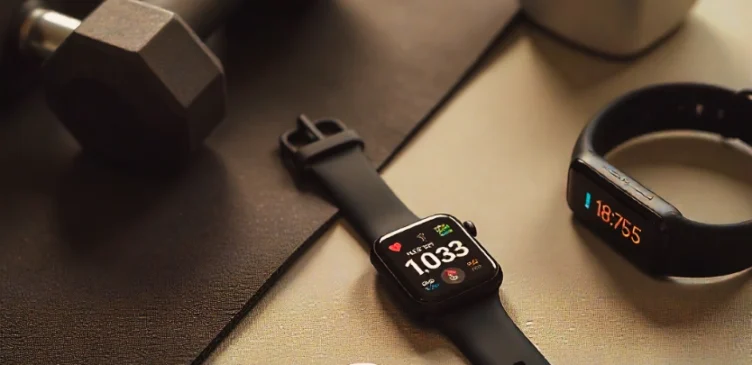A sleek flat-lay of modern wearable fitness monitors, including a smartwatch, a smart ring, and a fitness tracker band placed on a gym mat with dumbbells and a water bottle. The smartwatch screen displays heart rate and sleep tracking data, while the fitness band shows steps and calories burned. The setup conveys technology, fitness, and lifestyle integration in 2025.