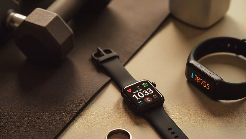 A sleek flat-lay of modern wearable fitness monitors, including a smartwatch, a smart ring, and a fitness tracker band placed on a gym mat with dumbbells and a water bottle. The smartwatch screen displays heart rate and sleep tracking data, while the fitness band shows steps and calories burned. The setup conveys technology, fitness, and lifestyle integration in 2025.