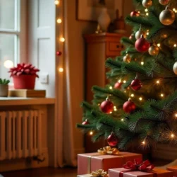 Cozy Christmas 2025 living room décor with lights, ornaments, gifts, and a festive tree.