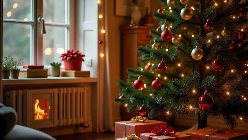 Cozy Christmas 2025 living room décor with lights, ornaments, gifts, and a festive tree.