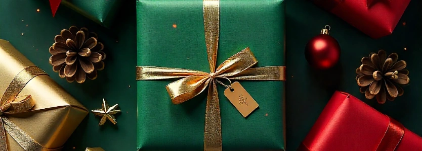 Flat-lay of Christmas 2025 gift boxes in modern wrapping with ribbons and ornaments._Christmas 2025 Guide