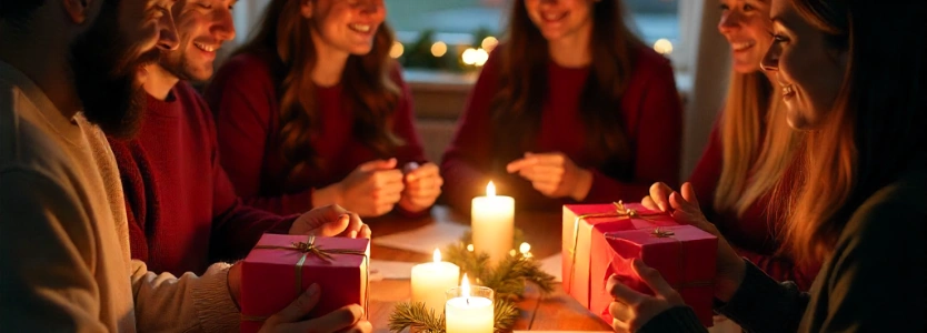 Friends exchanging Secret Santa gifts at a festive Christmas 2025 celebration.”_Christmas 2025 guide